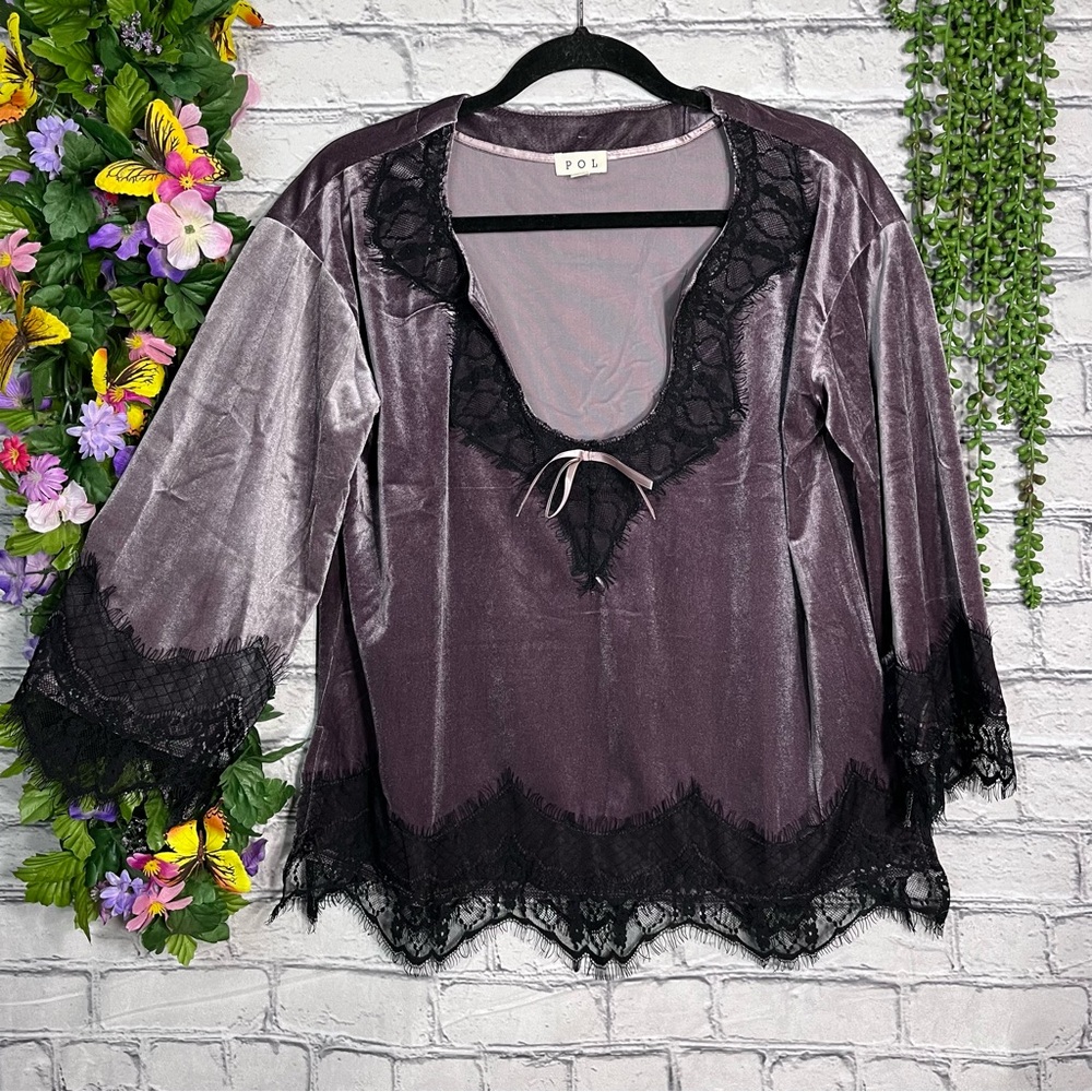 'NWOT POL Purple Velour Velvet Lace Trim Peasant Top Size Small